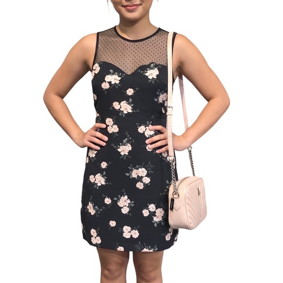 Express Dresses & Skirts - Express Bodycon Dress Size 6 Black Floral Mesh Mini Modest Preppy Cocktail Party